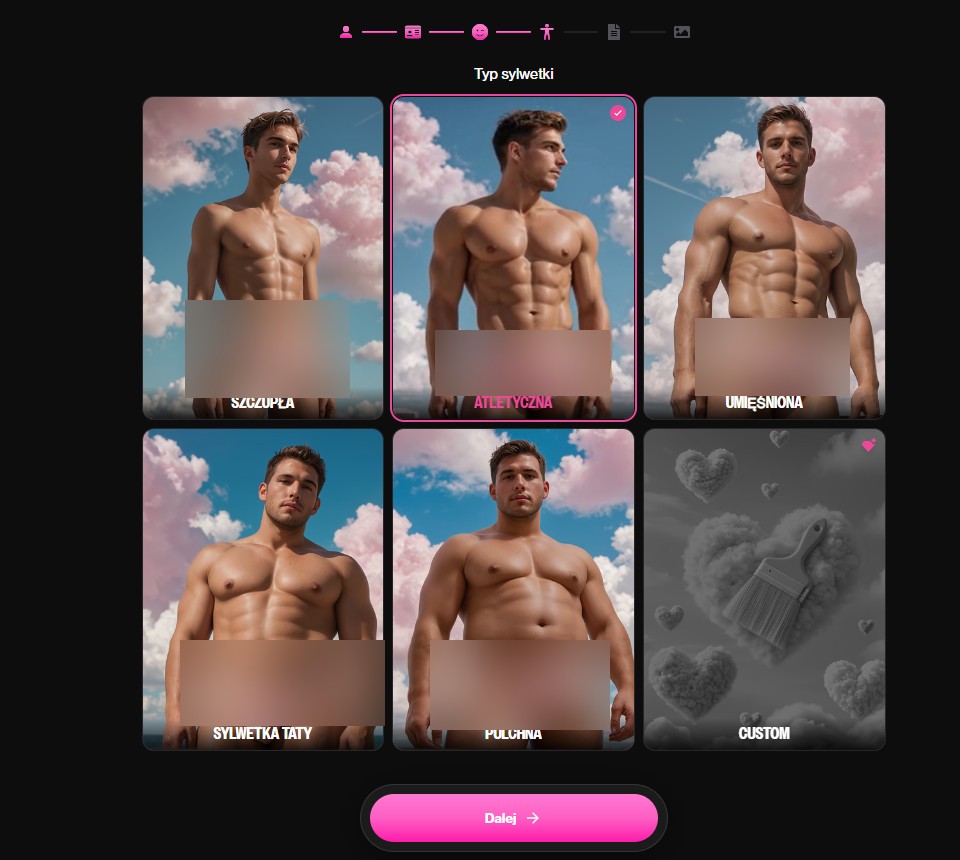 Kreator OurDream AI: wybór typu sylwetki męskiej postaci (zdjęcia zamazane)