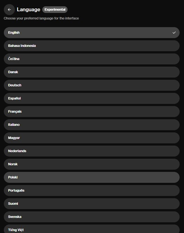 Lista języków w profilu OurDream AI z opcją Polski