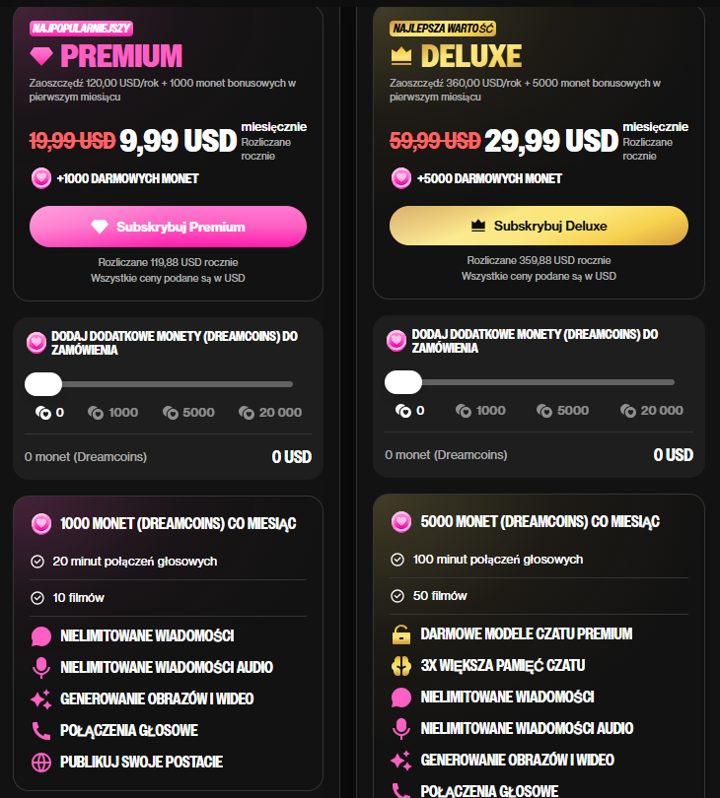 Porównanie planów Premium i Deluxe w OurDream AI z cenami w USD i limitami monet