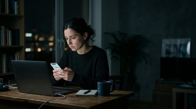 Kobieta wieczorem przy biurku z telefonem i laptopem – użytkowniczka platformy AI w niepewności