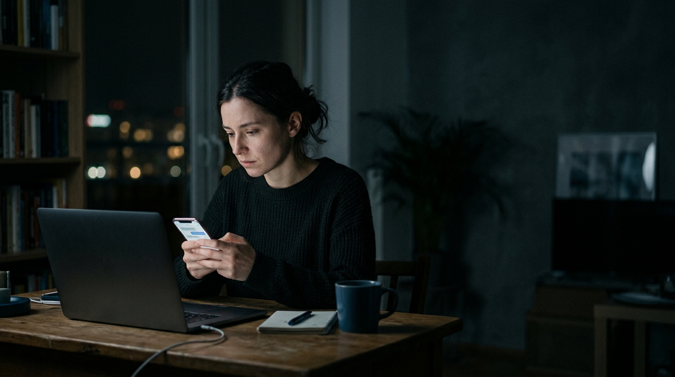 Kobieta wieczorem przy biurku z telefonem i laptopem – użytkowniczka platformy AI w niepewności
