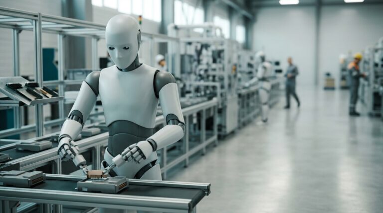 Generyczny humanoidalny robot pracujący na linii montażowej w fabryce
