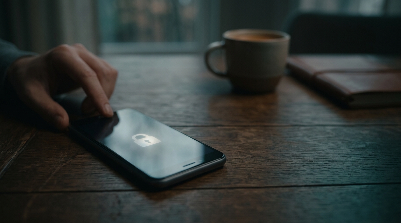 Telefon z ikoną kłódki na drewnianym stole – ochrona prywatności rozmów z AI