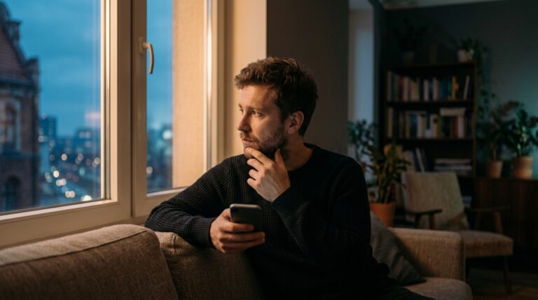 Mężczyzna z telefonem w ręku siedzi na kanapie i patrzy w okno wieczorem – samotność i relacje z AI