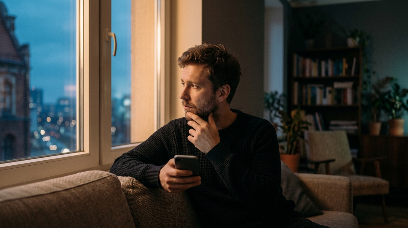 Mężczyzna z telefonem w ręku siedzi na kanapie i patrzy w okno wieczorem – samotność i relacje z AI