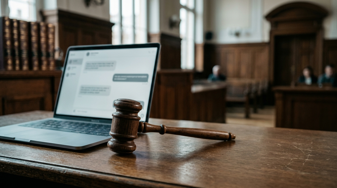 Drewniany młotek sędziowski obok laptopa z czatem na sali sądowej
